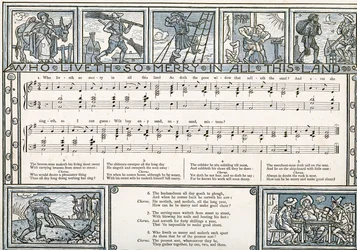 "Who Liveth So Merry in all this Land", sångillustration från "Pan-Pipes", A Book of Old Songs, Newly Arranged and with Accompaniments by Theo. Marzials, utgiven i London av George Routledge und So